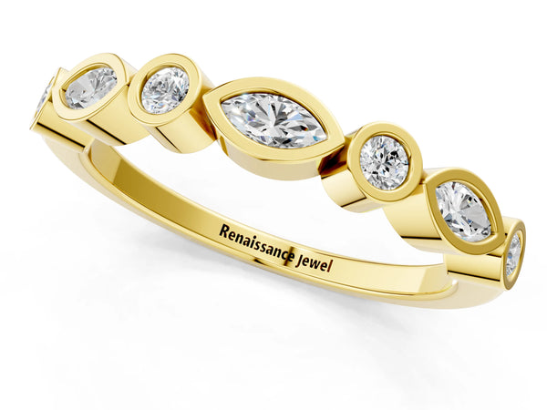 Yellow gold Bezel Set Marquise and Round Diamond Stackable Band
