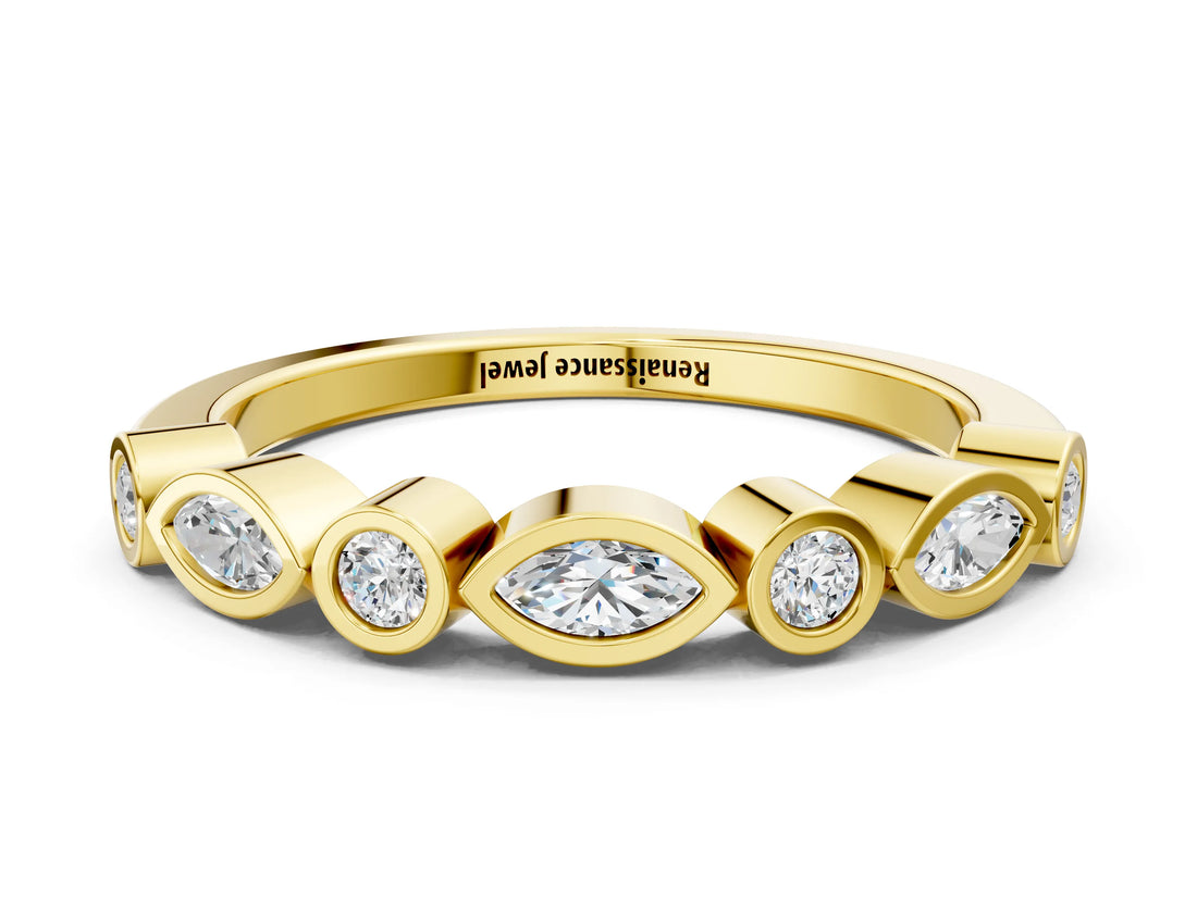 Yellow gold Bezel Set Marquise and Round Diamond Stackable Band_9