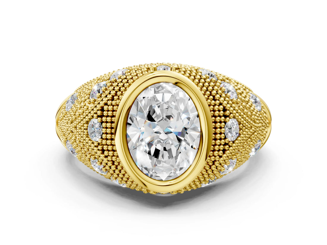 Yellow gold Bezel Set Oval Cut Diamond Milgrain Band Ring_13