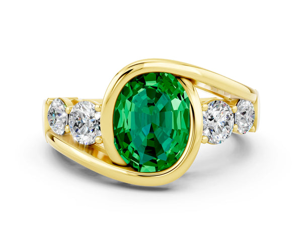 Yellow gold Bezel Set Oval Cut Emerald Bypass Ring with Round  Accents