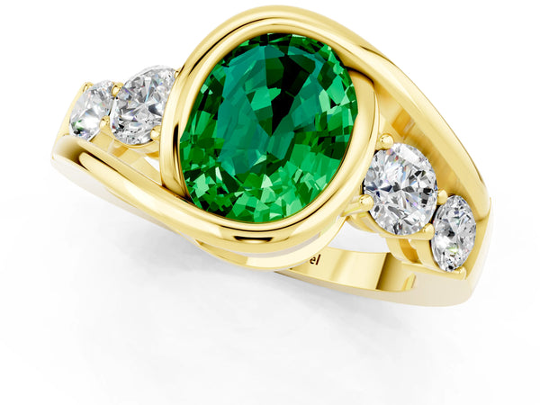 Yellow gold Bezel Set Oval Cut Emerald Bypass Ring with Round  Accents