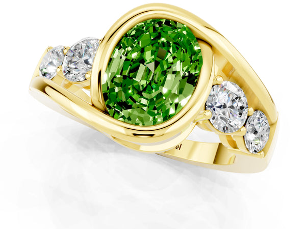 Yellow gold Bezel Set Oval Cut Peridot Bypass Ring with Round  Accents