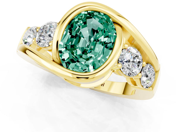 Yellow gold Bezel Set Oval Cut Green Sapphire Bypass Ring with Round  Accents