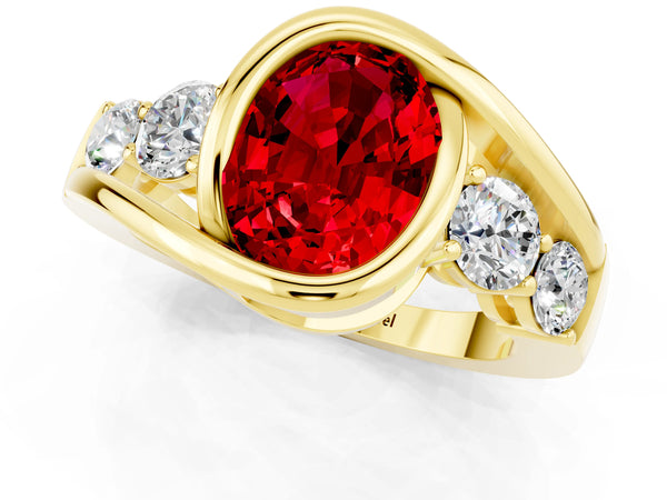 Yellow gold Bezel Set Oval Cut Ruby Bypass Ring with Round  Accents