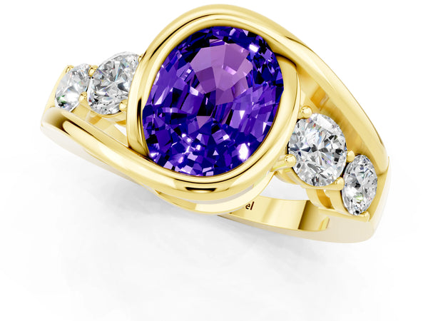 Yellow gold Bezel Set Oval Cut Tanzanite Bypass Ring with Round  Accents