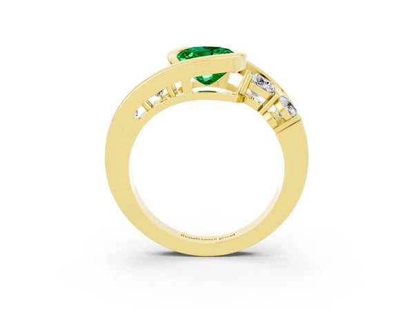 Yellow gold Bezel Set Oval Cut Emerald Bypass Ring with Round  Accents