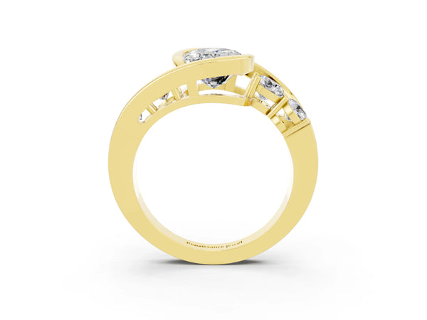 Yellow gold Bezel Set Oval Cut Moissanite Bypass Ring with Round  Accents