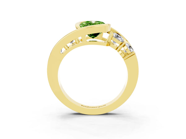 Yellow gold Bezel Set Oval Cut Peridot Bypass Ring with Round  Accents