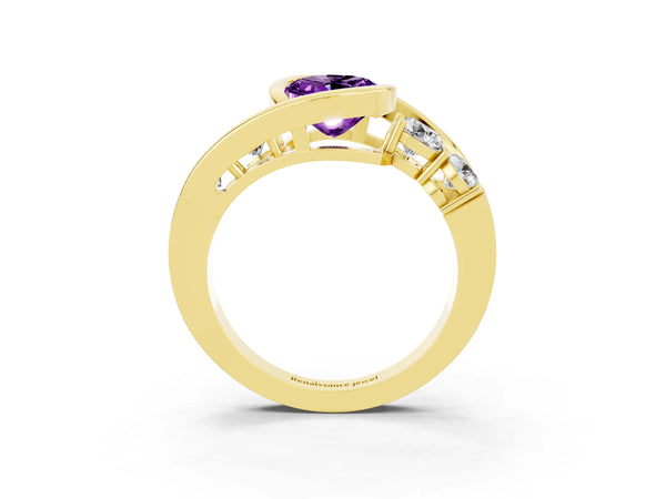 Yellow gold Bezel Set Oval Cut Amethyst Bypass Ring with Round  Accents