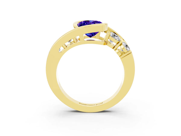 Yellow gold Bezel Set Oval Cut Tanzanite Bypass Ring with Round  Accents