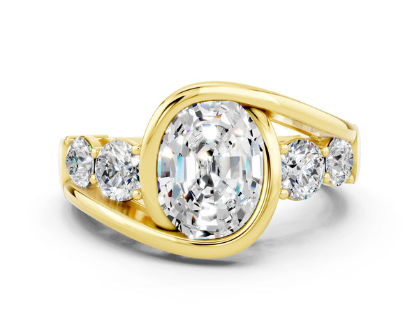 Yellow gold Bezel Set Oval Cut Moissanite Bypass Ring with Round  Accents