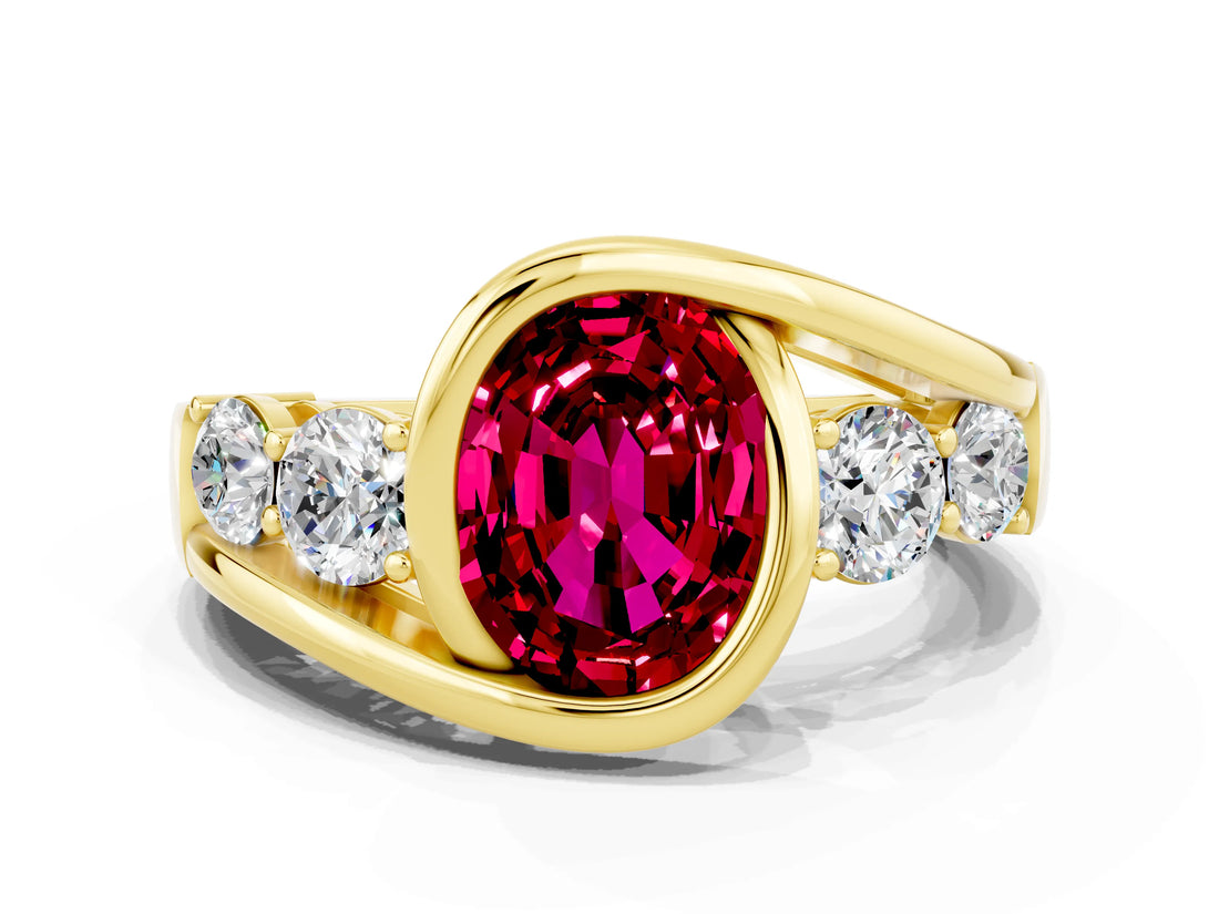 Yellow gold Bezel Set Oval Cut Diamond Split Shank Ring