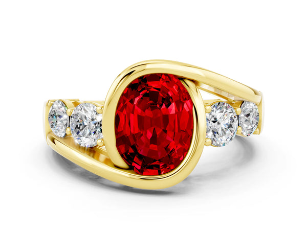 Yellow gold Bezel Set Oval Cut Ruby Bypass Ring with Round  Accents