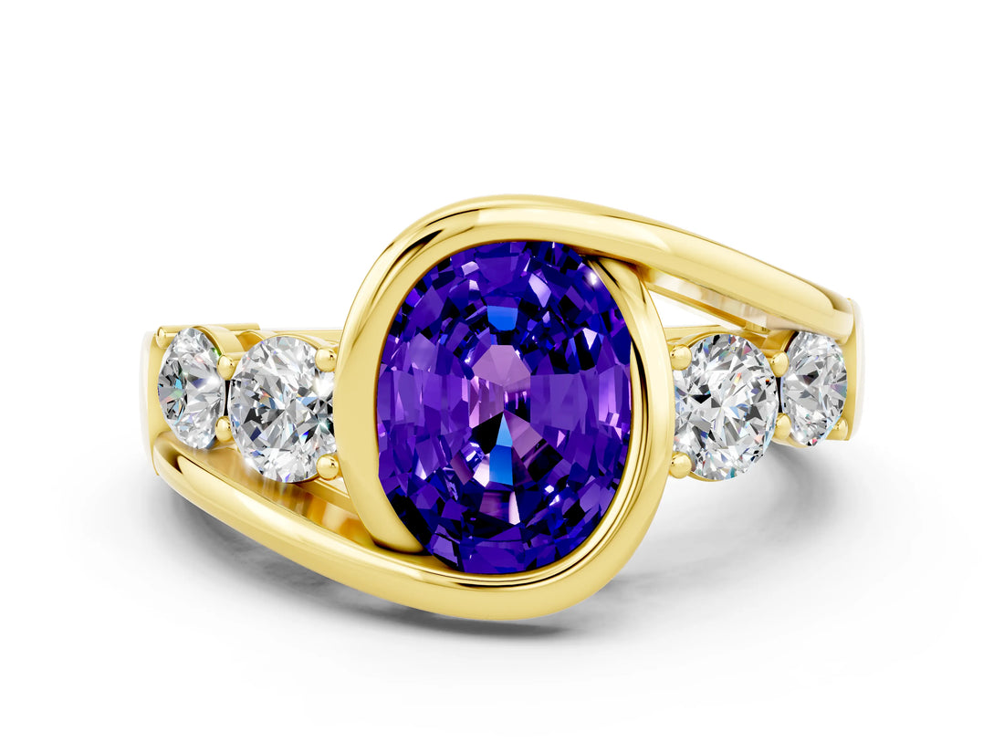 Yellow gold Bezel Set Oval Cut Diamond Split Shank Ring