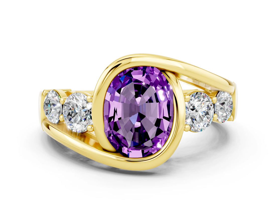 Yellow gold Bezel Set Oval Cut Diamond Split Shank Ring
