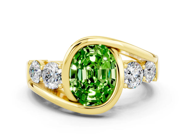 Yellow gold Bezel Set Oval Cut Peridot Bypass Ring with Round  Accents