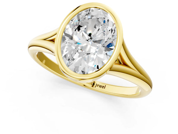 Yellow Gold Oval Bezel Solitaire Engagement Ring Setting with V Split Shank