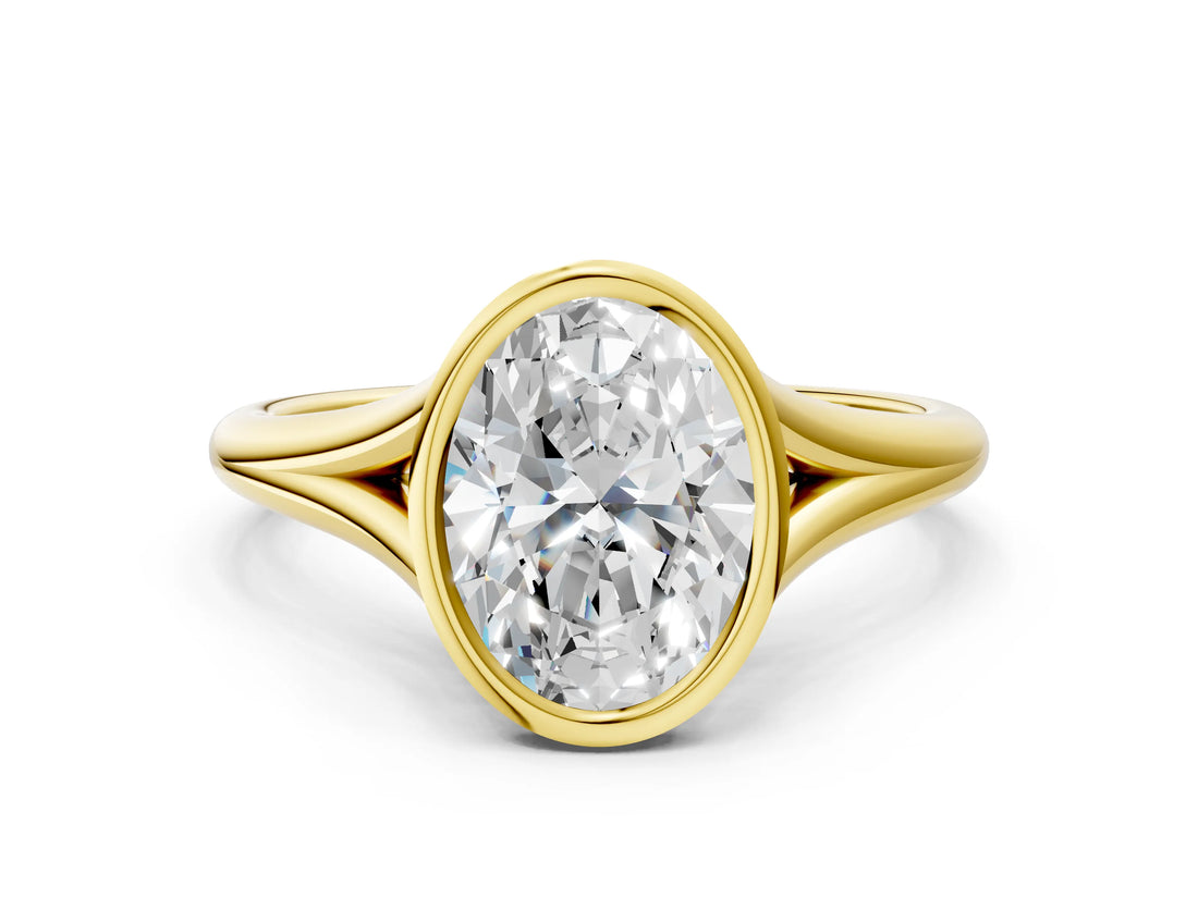 Yellow gold Bezel Set Oval Cut Solitaire Ring with Tapered Band