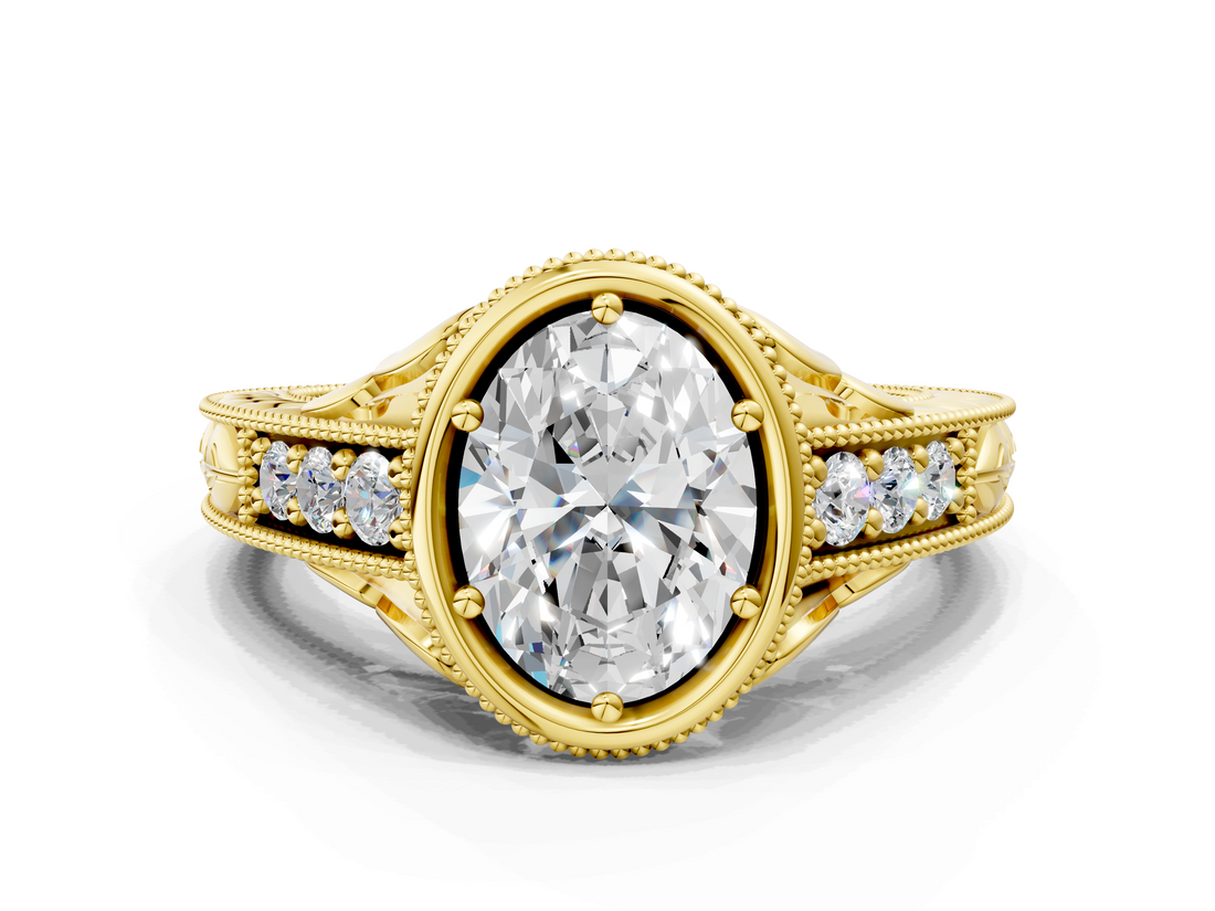 Yellow gold Bezel Set Oval Diamond Milgrain Pave Engagement Ring_37