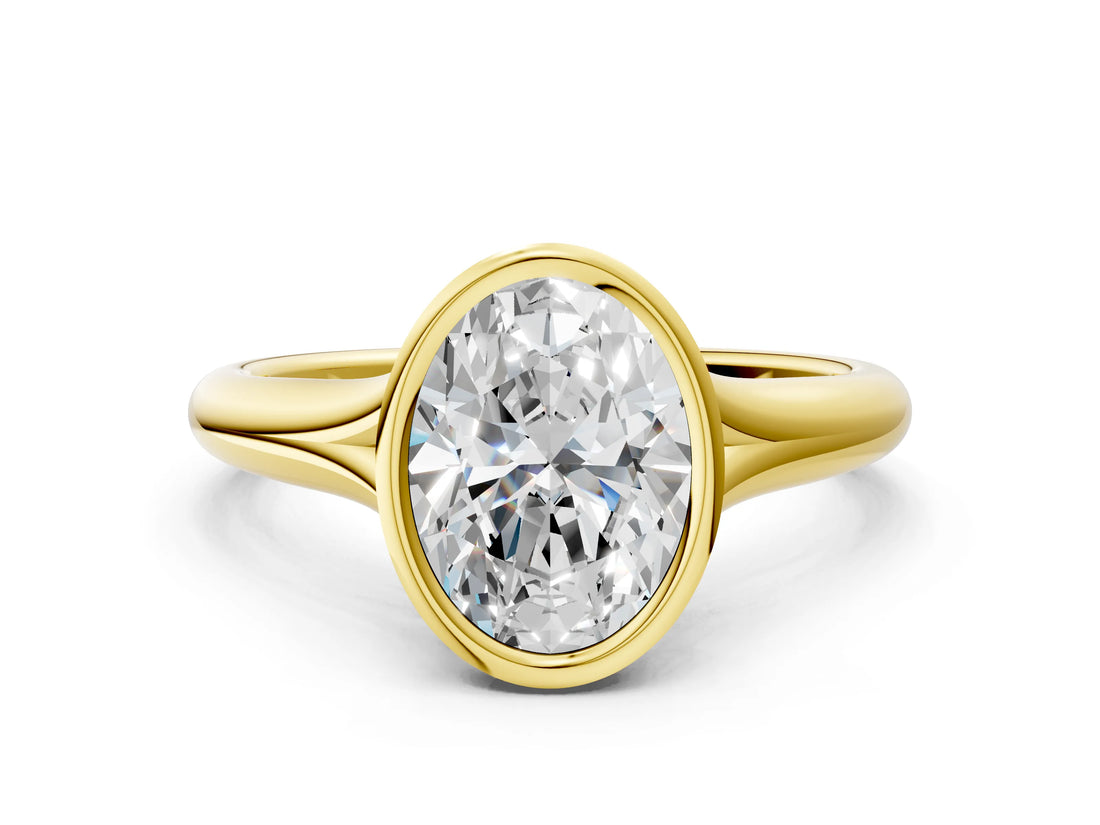 Yellow gold Bezel Set Oval Solitaire Diamond Ring with Smooth Band 1