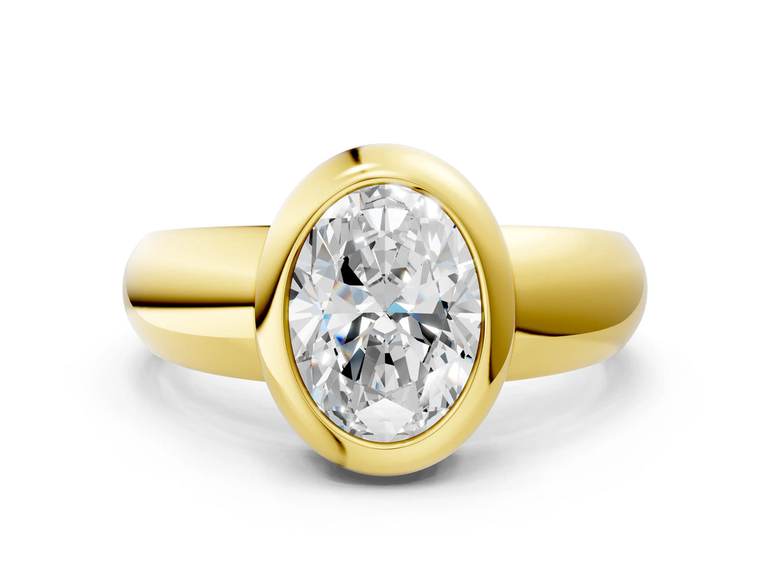 Yellow gold Bezel Set Oval Solitaire Ring with Wide Band