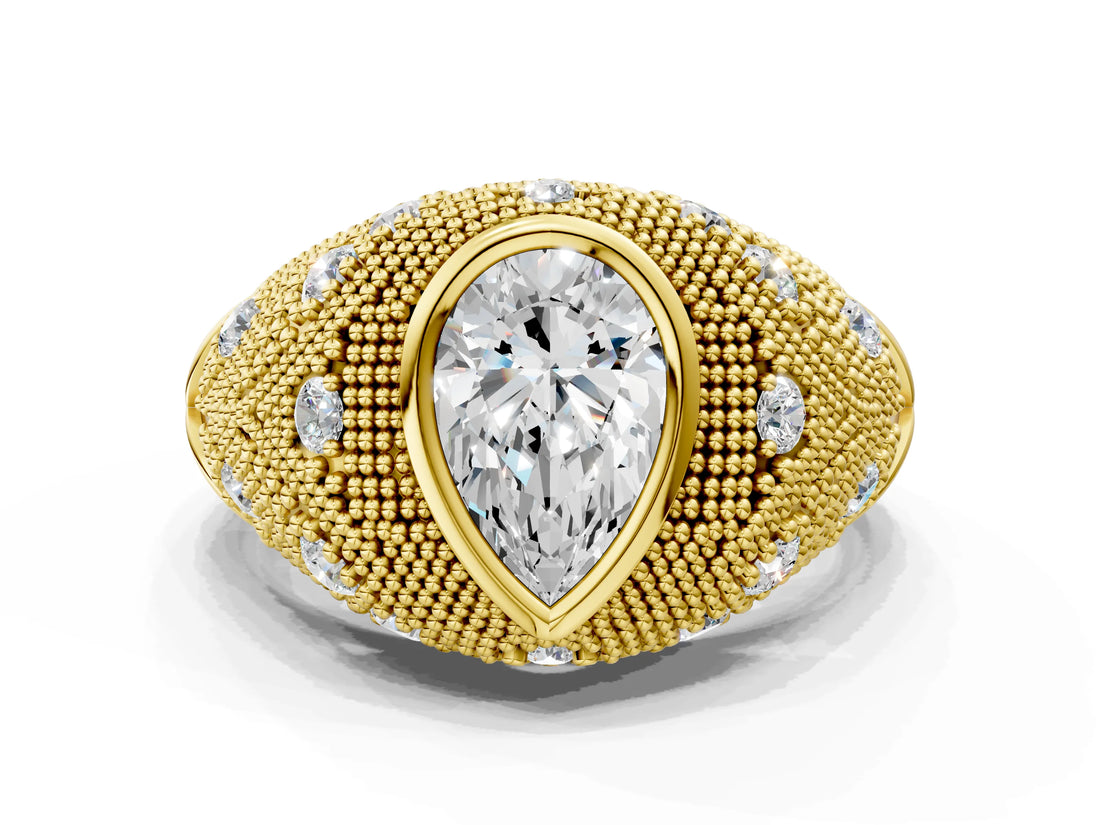 Yellow gold Bezel Set Pear Cut Diamond Milgrain Band Ring_13