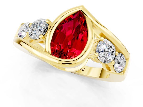 Yellow gold Bezel Set Pear Cut Ruby Bypass Ring with Round  Accents