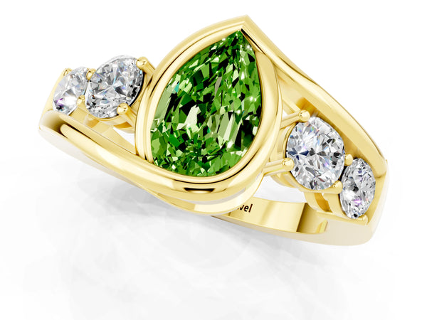 Yellow gold Bezel Set Pear Cut Peridot Bypass Ring with Round  Accents