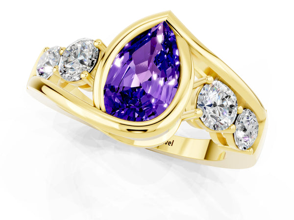 Yellow gold Bezel Set Pear Cut Tanzanite Bypass Ring with Round  Accents