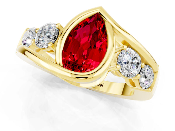 Yellow gold Bezel Set Pear Cut Ruby Bypass Ring with Round  Accents