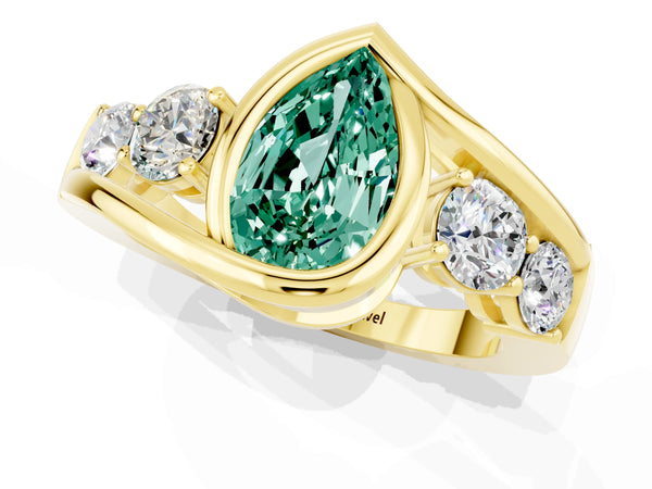 Yellow gold Bezel Set Pear Cut Green Sapphire Bypass Ring with Round  Accents