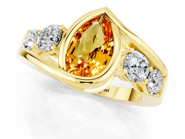 Yellow gold Bezel Set Pear Cut Citrine Bypass Ring with Round  Accents