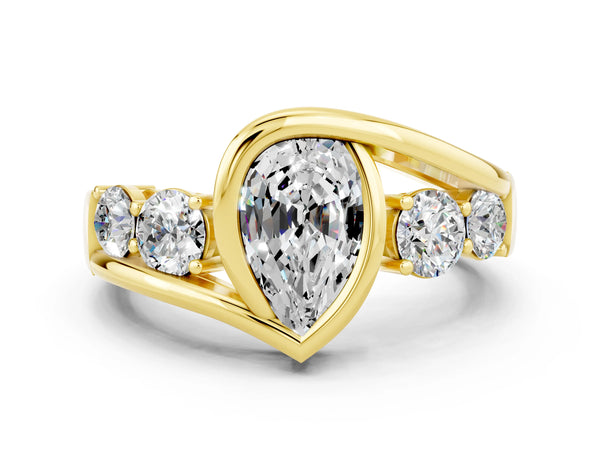 Yellow gold Bezel Set Pear Cut Moissanite Bypass Ring with Round  Accents