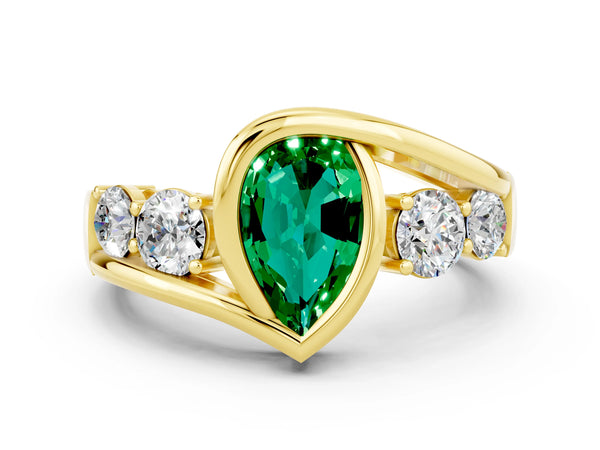 Yellow gold Bezel Set Pear Cut Emerald Bypass Ring with Round  Accents