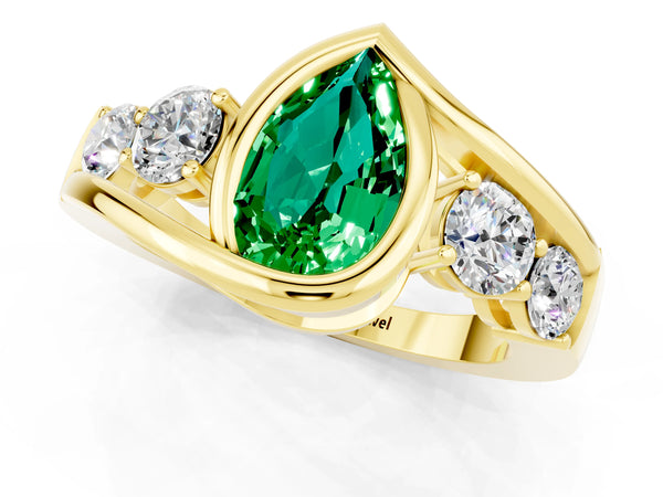 Yellow gold Bezel Set Pear Cut Emerald Bypass Ring with Round  Accents