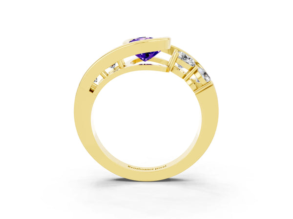 Yellow gold Bezel Set Pear Cut Tanzanite Bypass Ring with Round  Accents