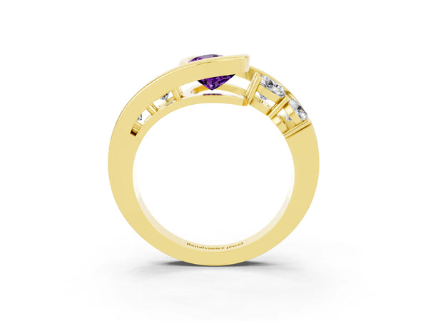 Yellow gold Bezel Set Pear Cut Amethyst Bypass Ring with Round  Accents