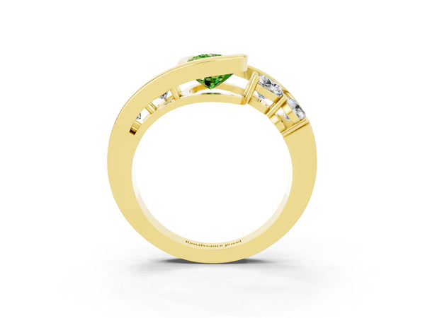 Yellow gold Bezel Set Pear Cut Peridot Bypass Ring with Round  Accents