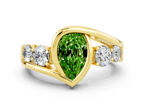 Yellow gold Bezel Set Pear Cut Peridot Bypass Ring with Round  Accents