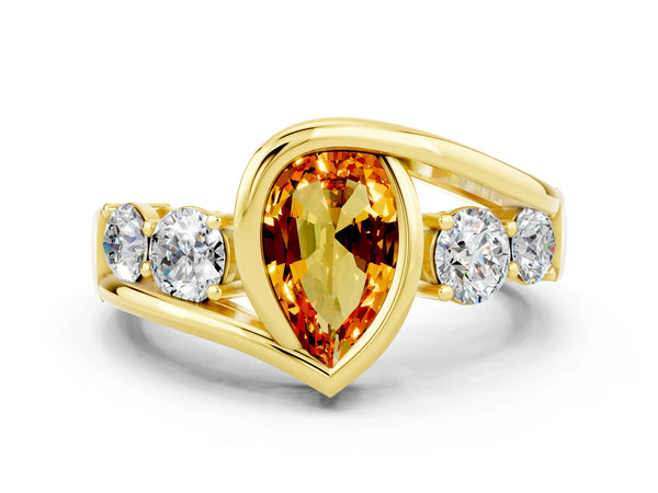 Yellow gold Bezel Set Pear Cut Citrine Bypass Ring with Round  Accents