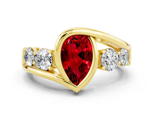 Yellow gold Bezel Set Pear Cut Ruby Bypass Ring with Round  Accents