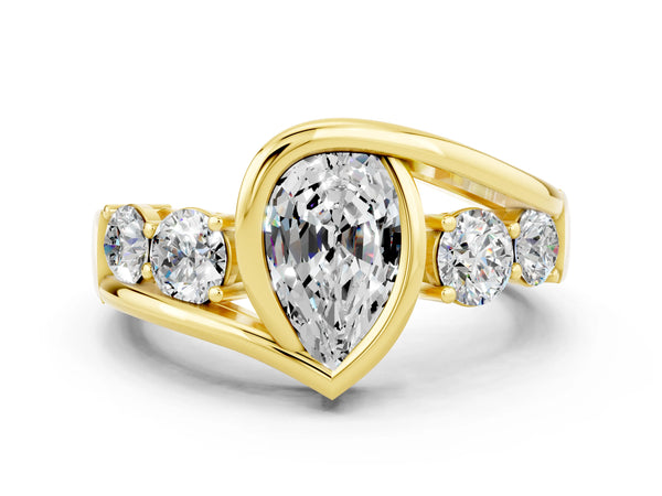 Yellow gold Bezel Set Pear Cut Moissanite Bypass Ring with Round  Accents