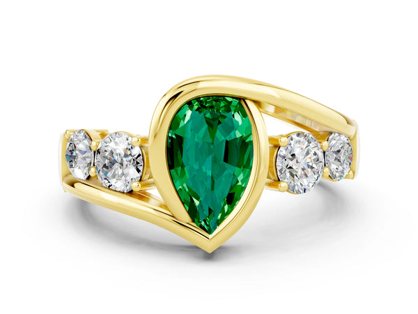 Yellow gold Bezel Set Pear Cut Emerald Bypass Ring with Round  Accents