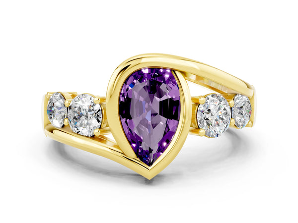 Yellow gold Bezel Set Pear Cut Amethyst Bypass Ring with Round  Accents