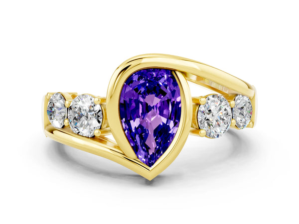 Yellow gold Bezel Set Pear Cut Tanzanite Bypass Ring with Round  Accents