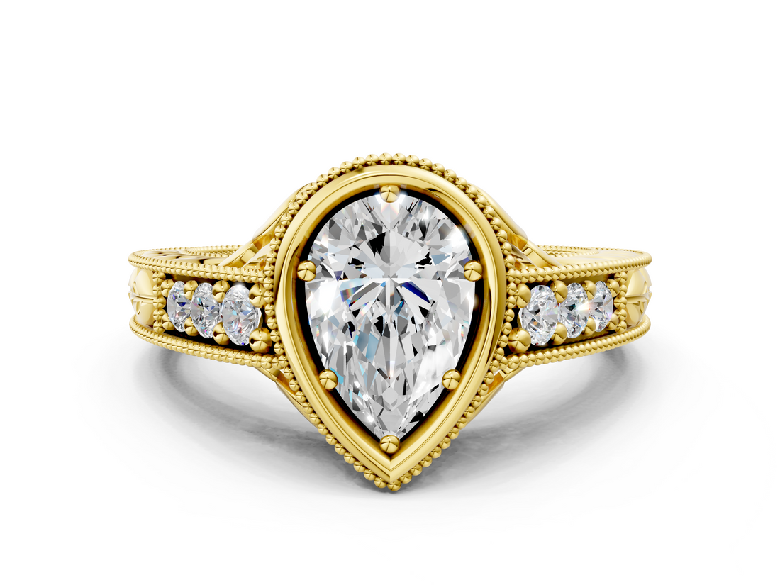 Yellow gold Bezel Set Pear Diamond Milgrain Pave Engagement Ring_37