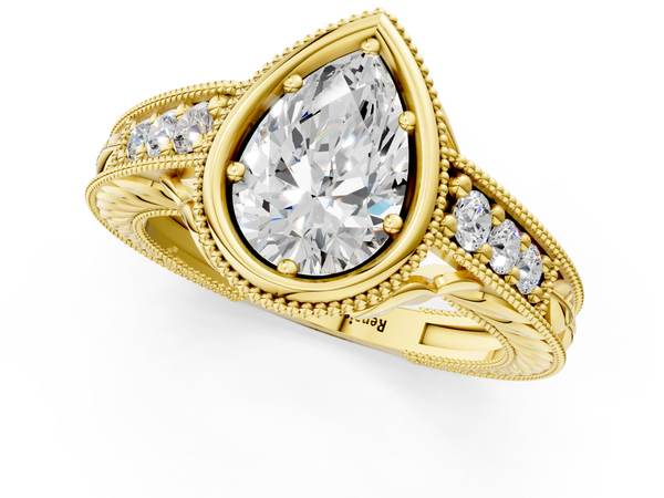 Yellow gold Bezel Set Pear Diamond Milgrain Pave Engagement Ring