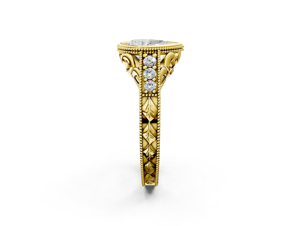 Yellow gold Bezel Set Pear Diamond Milgrain Pave Engagement Ring