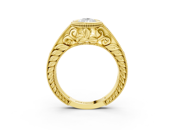 Yellow gold Bezel Set Pear Diamond Milgrain Pave Engagement Ring