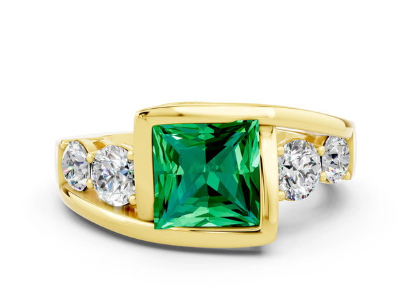Yellow gold Bezel Set Princess Cut Emerald Bypass Ring with Round  Accents